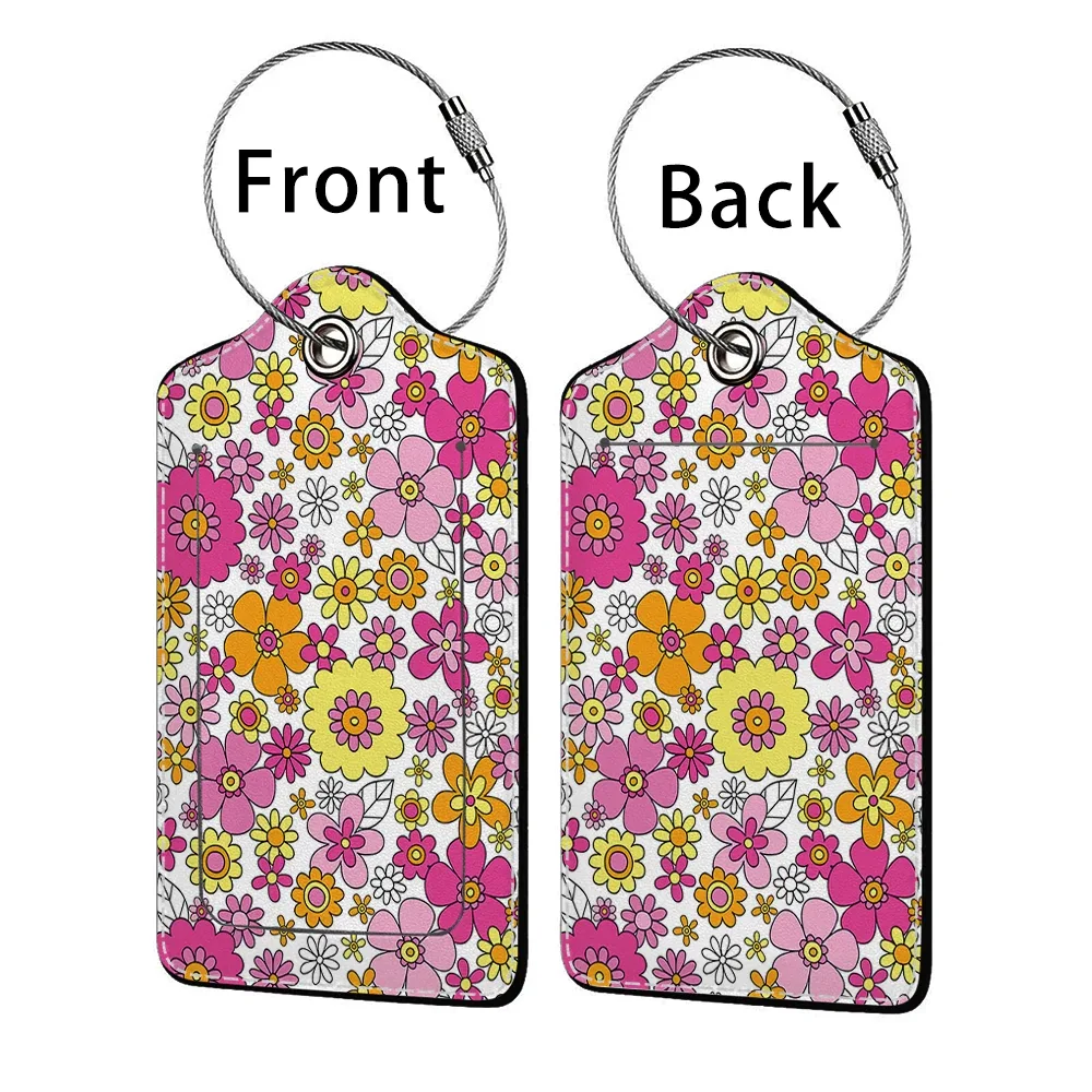 étiquette de bagage d'affaires en cuir imprimé de belles fleurs, étiquette d'adresse de valise, étui d'embarquement de bagages, clip d'adresse d'identification de nom