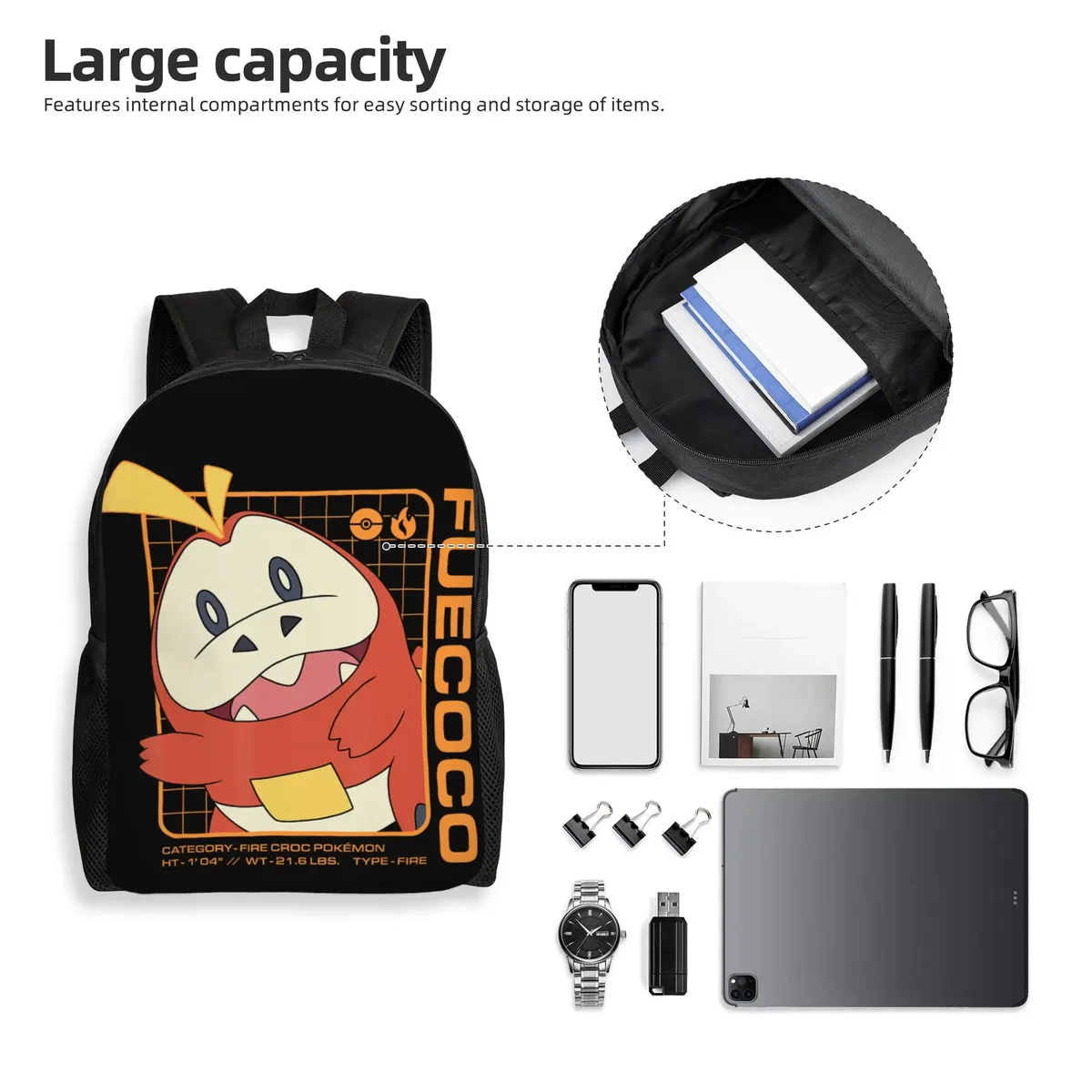 sacs à dos pokemon fuecoco stats daypack mochila journey retro sac à dos lavable