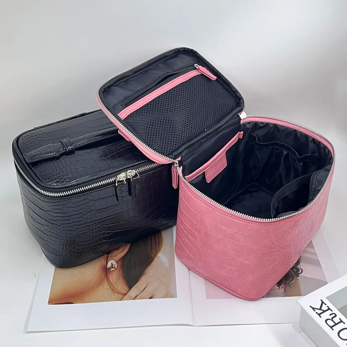 nouvelle trousse de toilette portable en pu à motif texturé effet pierre, grande capacité, sac de maquillage et de voyage pour femmes