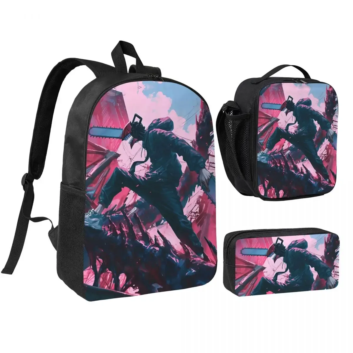 anime tronçonneuse homme 3pecs/ensemble sac à dos pour étudiant ordinateur portable sac à bandoulière sac à déjeuner trousse à crayons