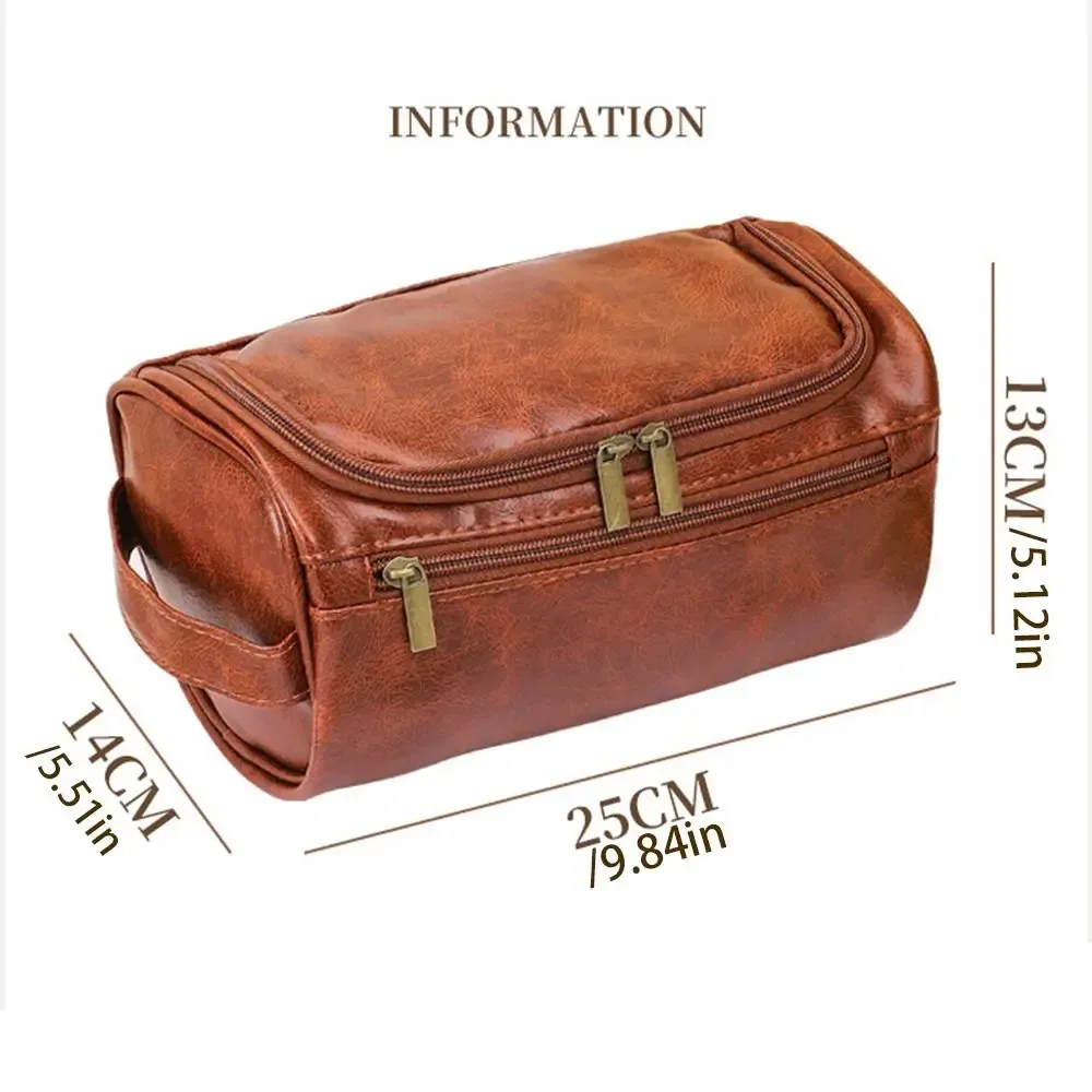 sac de toilette pour homme en cuir pu avec poignée, sac de rangement cosmétique imperméable, grande capacité avec crochet de suspension, trousse de maquillage de voyage