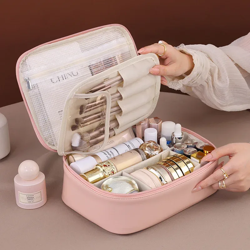 sac de maquillage fourre-tout de grande capacité en pu, organisateur de voyage portable, sac de rangement de cosmétiques de toilette, pochette de luxe à double couche pour femmes
