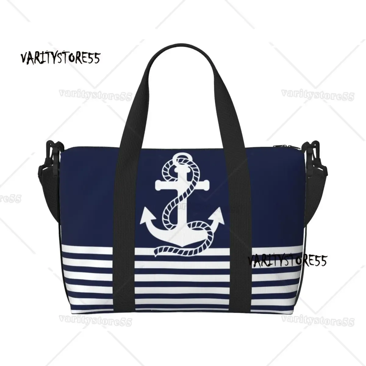 sac fourre-tout de plage personnalisé à rayures bleu marine et ancre blanche pour femmes, fourre-tout extra large pour salle de sport, sacs de shopping de voyage de navigation
