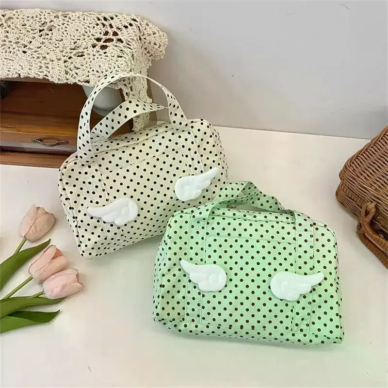 sac à main ailes à pois de grande capacité, sac à cosmétiques, trousse de toilette de voyage portable, sac de rangement d'organisation, cartable cadeau pour fille
