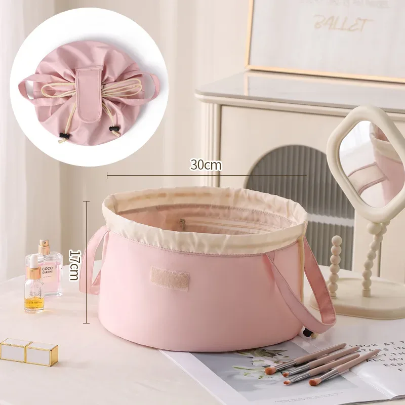 sac de maquillage portable grande capacité avec cordon de serrage, trousse de toilette de voyage, sac de rangement pour pinceaux cosmétiques tendance, en polyester, forme cubique