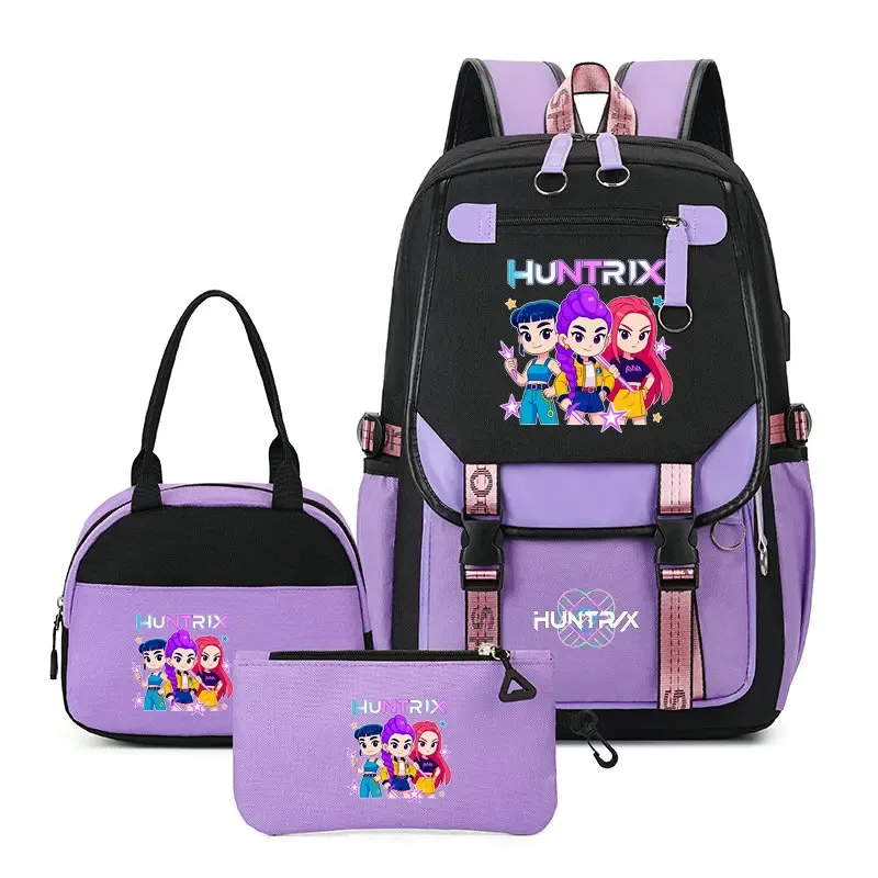 sac à dos kpop demon hunter pour adolescents, cartable de grande capacité, 3 pièces/ensemble avec sac à lunch pour femmes, étudiants, décontracté, confortable, pour voyage, mochilas
