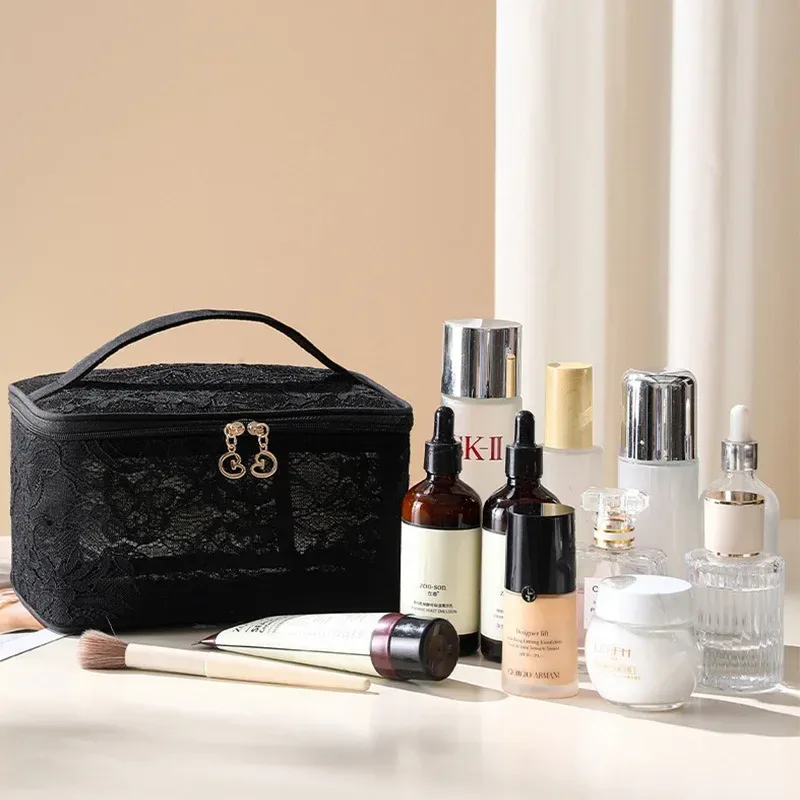 sac de maquillage portable de luxe, sac de rangement de cosmétiques design en dentelle, pochette de toilette de voyage, sac à main en fiber de polyester avec fermeture à glissière