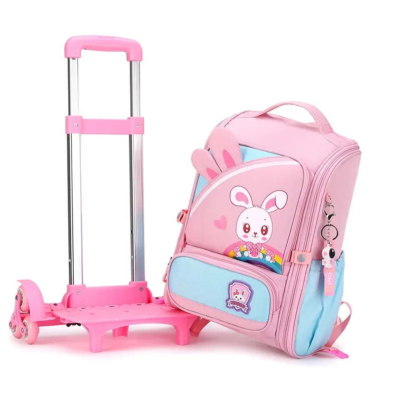 Mignon lapin étudiant sac à roulettes pour filles enfants école sacs à dos roulants sac à dos à roulettes sacs d'école avec roues chariot sacoche