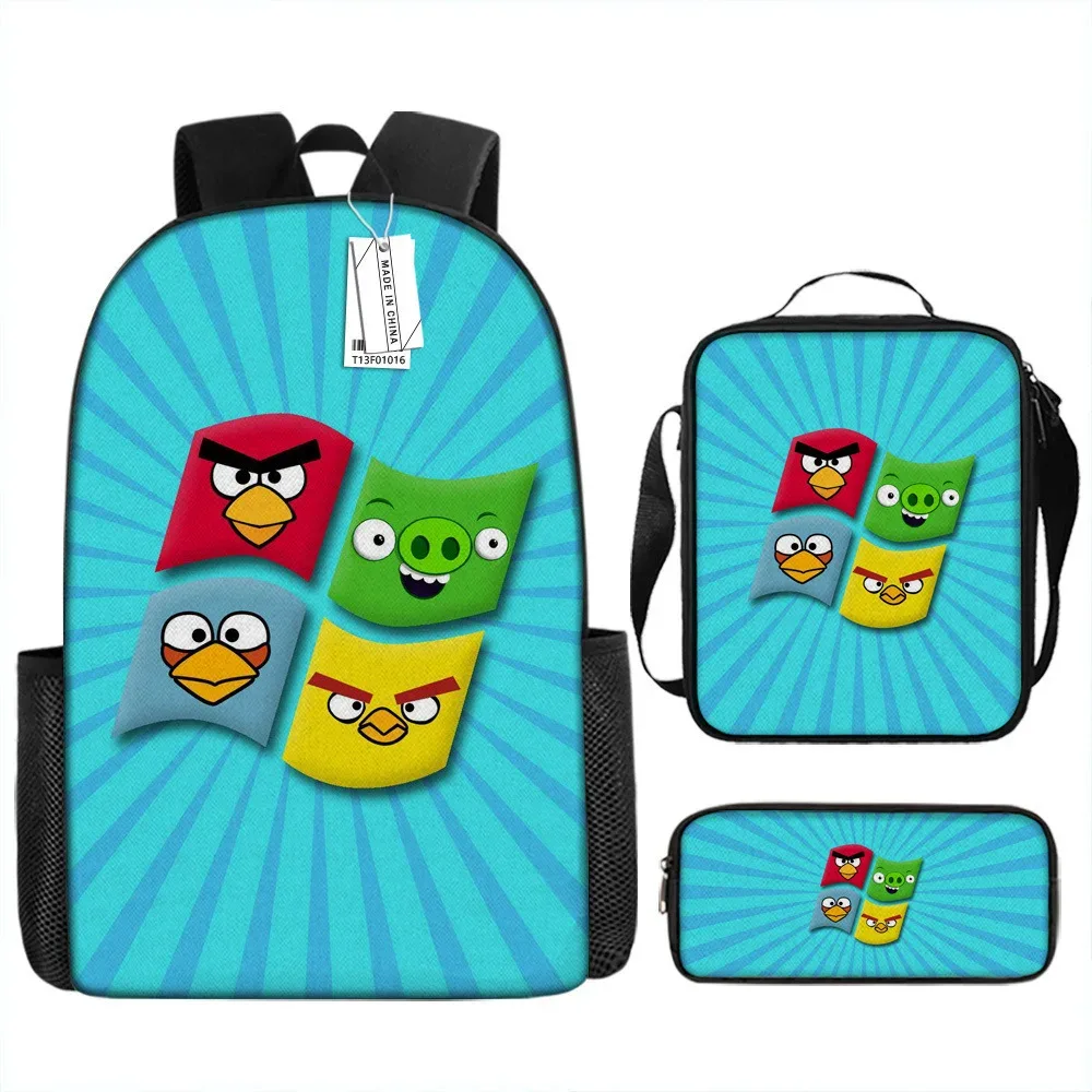 sacs d'école de luxe originaux et cool avec impression 3d angry birds, 3 pièces/ensemble, sac à dos pour ordinateur portable, sac à déjeuner, trousse à crayons