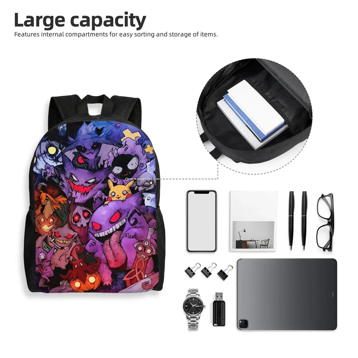 sacs à dos pokemon gengar, sac à dos de bureau, sac à dos de grande capacité