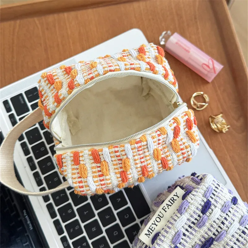 sac à main tissé rayé pour fille, petit sac cosmétique portable, sac de rangement de voyage, sac intérieur color-block pour sac de voyage