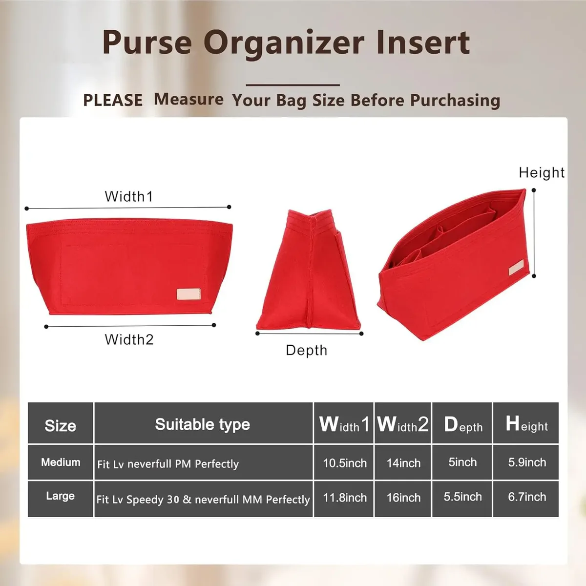 organisateur de sac à main et structureur de base pour sacs à main, lot de 2 pièces, insert en feutre compatible speedy 30 neverfull mm