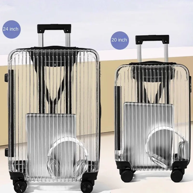 valise à main transparente pour pc, ultra légère, valise de cabine de 20/24 pouces, sac de voyage à la mode sur roulettes