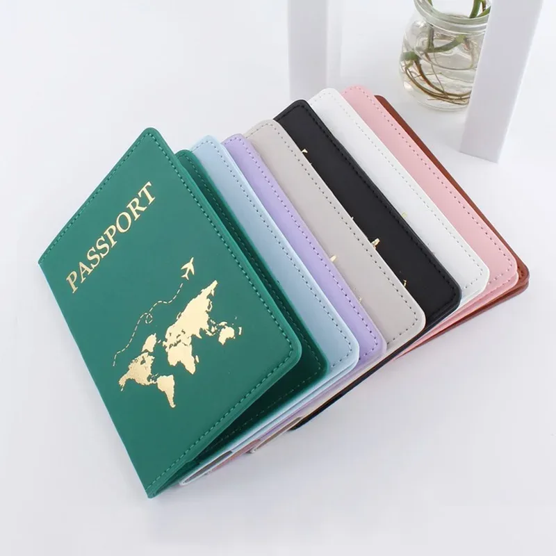 Couverture de passeport en cuir PU, Simple, à la mode, carte du monde, mince, porte-passeport de voyage, portefeuille cadeau, étui pour cartes, unisexe