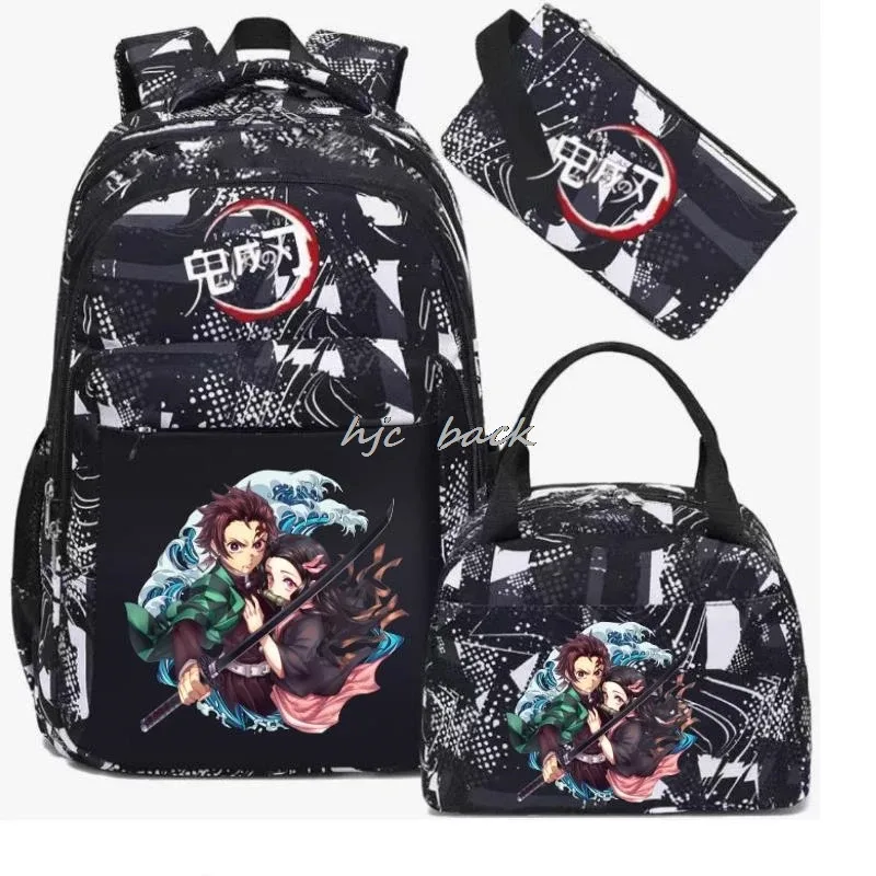 lot de 3 sacs à dos kamado nezuko demon slayer camouflage avec sac à déjeuner pour adolescents, sacs d'école pour étudiants, ensemble de voyage décontracté