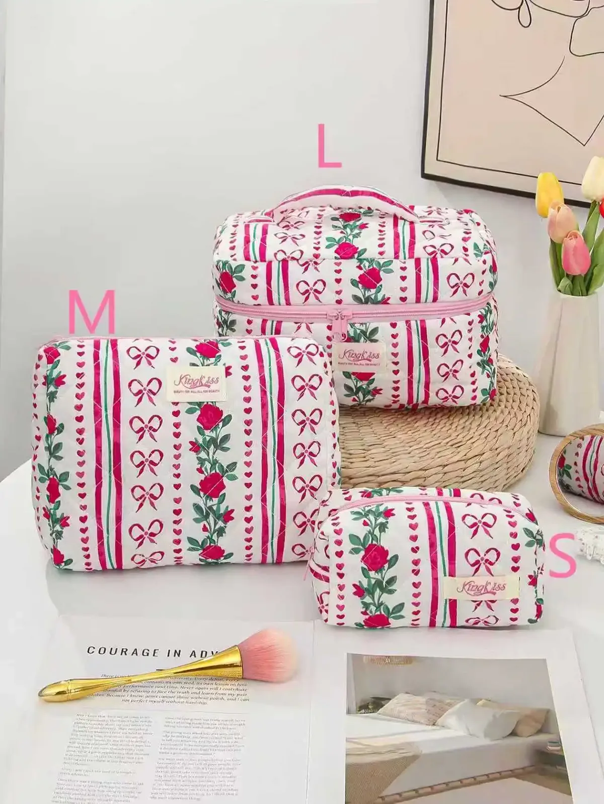 sac de maquillage en coton matelassé pour femmes, 1 pièce, mignon, fermeture éclair, organisateur de cosmétiques, sac à main en tissu en forme de boîte, trousse de toilette portable pour filles