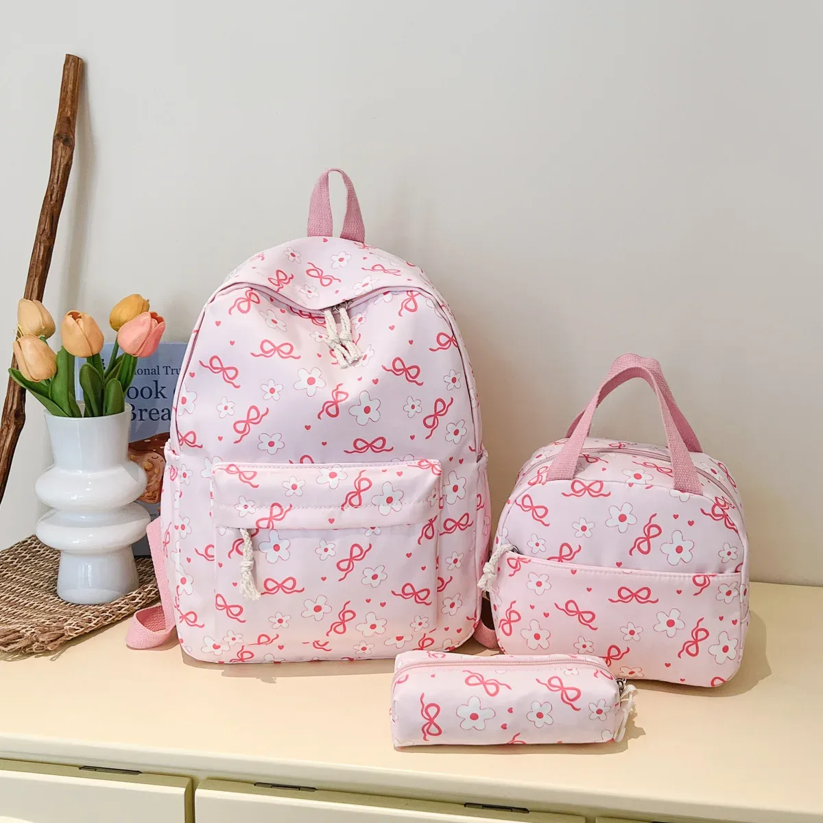Sac à dos trois pièces léger et multifonctionnel pour étudiant, motif floral exquis, grande capacité, idéal pour le campus et les activités de plein air