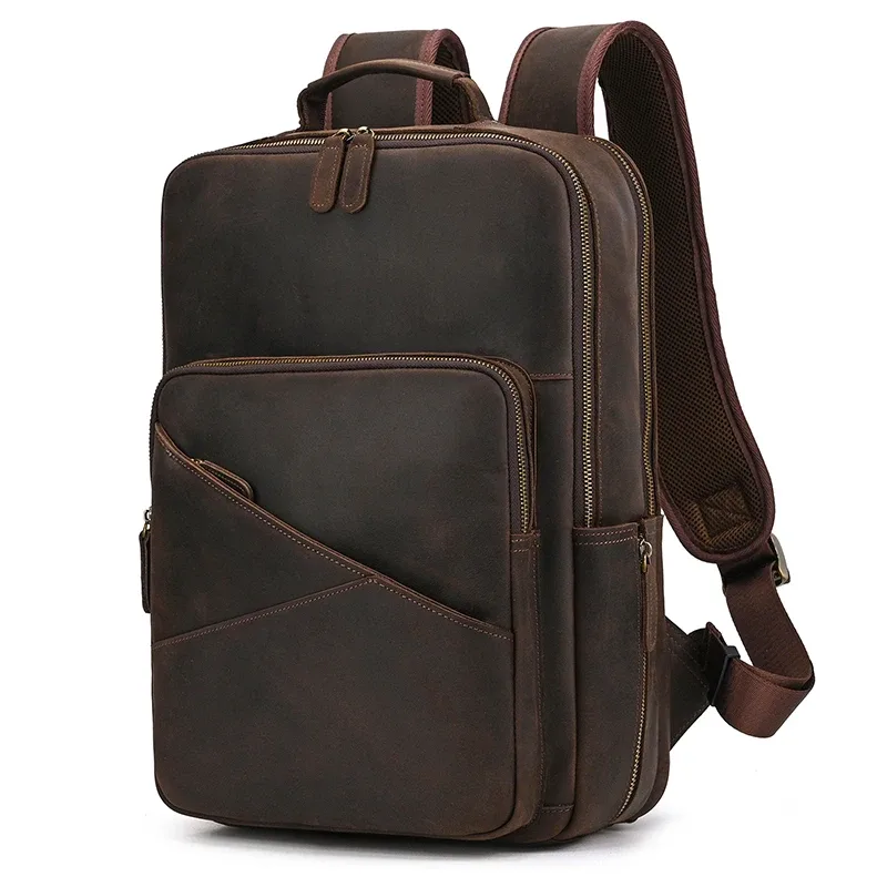 elin-sac à dos en cuir de cheval pour homme, sac à dos en cuir véritable pour ordinateur portable, sac de voyage, sac d'école pour homme d'affaires