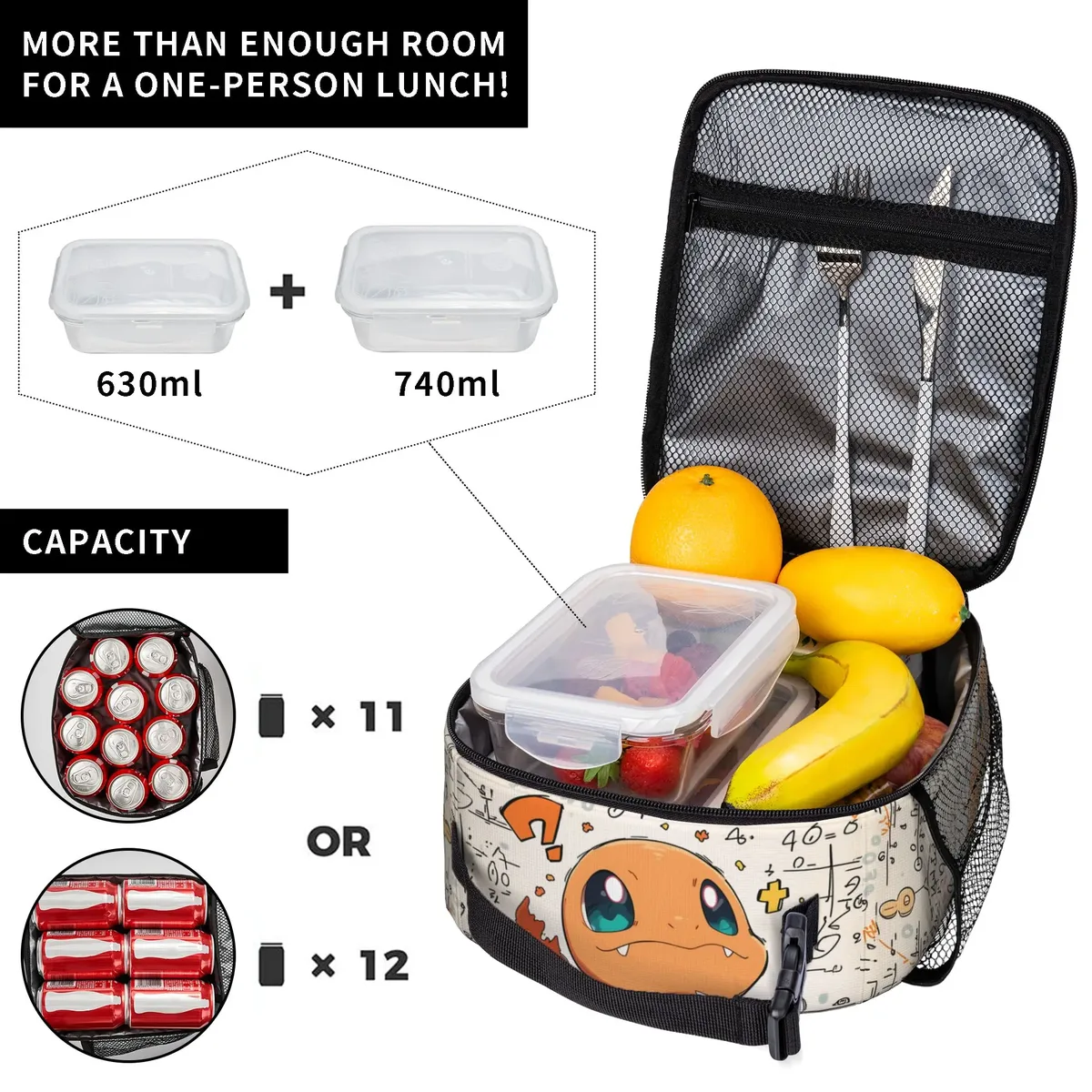 sac de rangement avec fermeture éclair, 1 pièce, pochette pour le déjeuner scolaire, boîte à nourriture pokemon, réutilisable pour le déjeuner