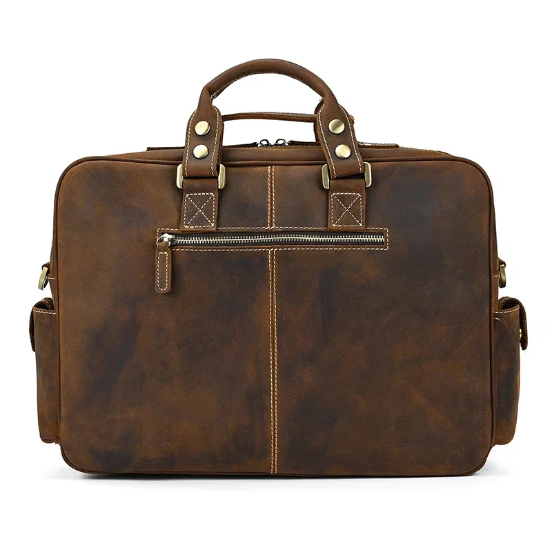 serviette vintage en cuir de cheval fou pour hommes, grand ordinateur portable, sac d'affaires en cuir véritable, fourre-tout de travail, sac de voyage, sacoche en cuir de vache