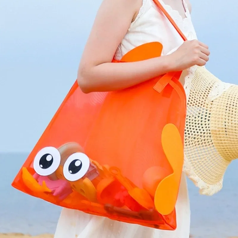 sacs de plage en maille colorés pour enfants, motif requin de dessin animé, anti-sable, séchage rapide, sacs de rangement pour coquillages et jouets, pour les vacances des tout-petits