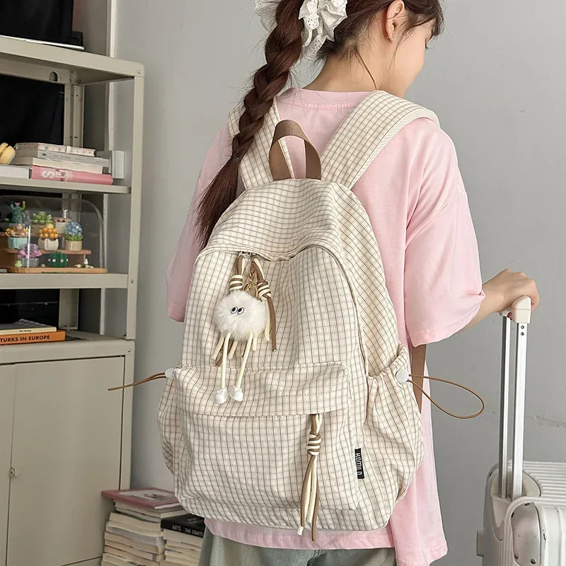 sac à dos pour femme style campus, motif écossais simple, grande capacité, décontracté, pour voyage, sac à double bandoulière en nylon, style frais et doux
