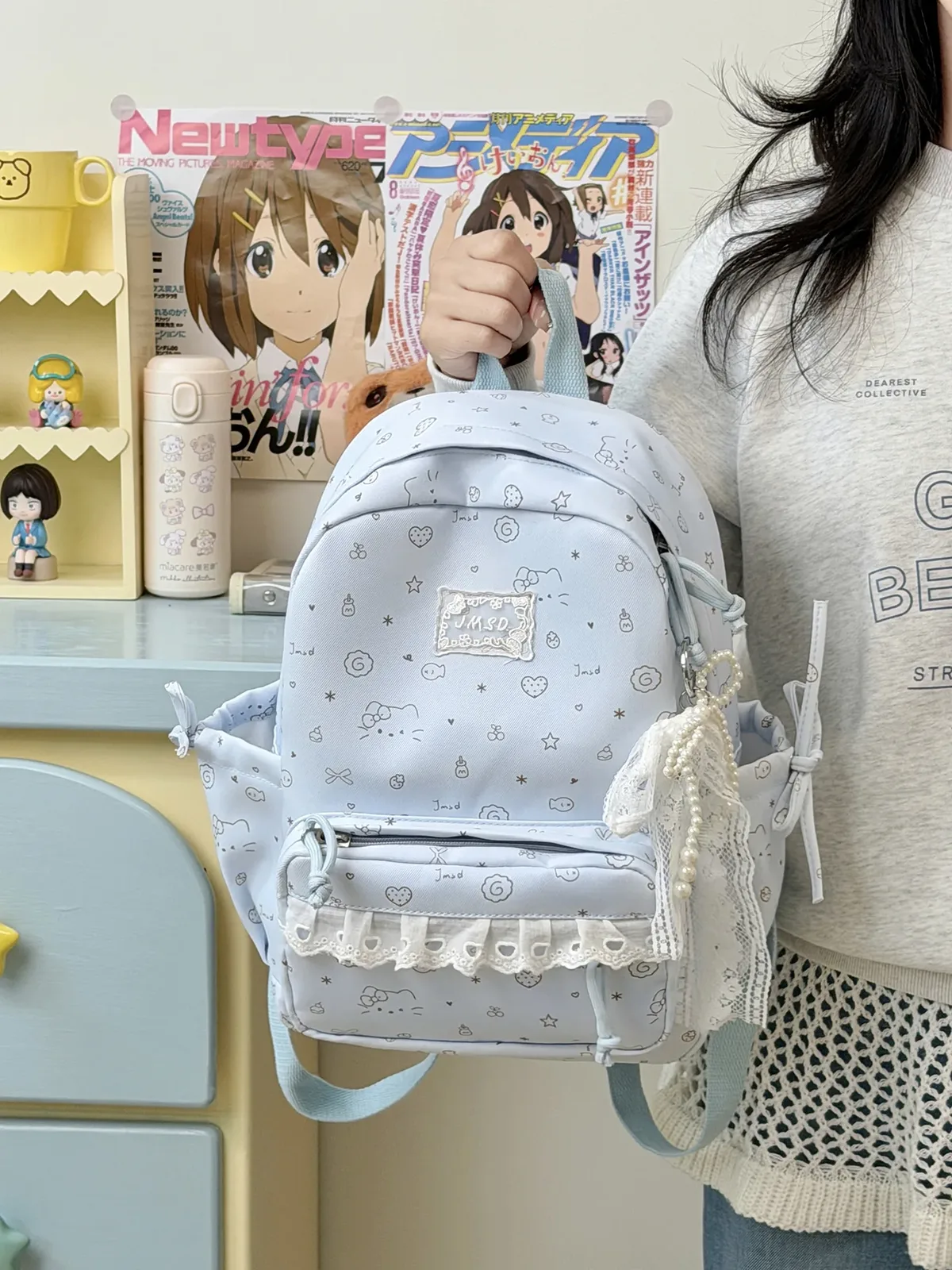 sacs à dos en dentelle pour femmes, 2 tailles, avec pendentifs perlés, sacs d'école imprimés de dessins animés mignons, mini sac à dos de voyage pour dames