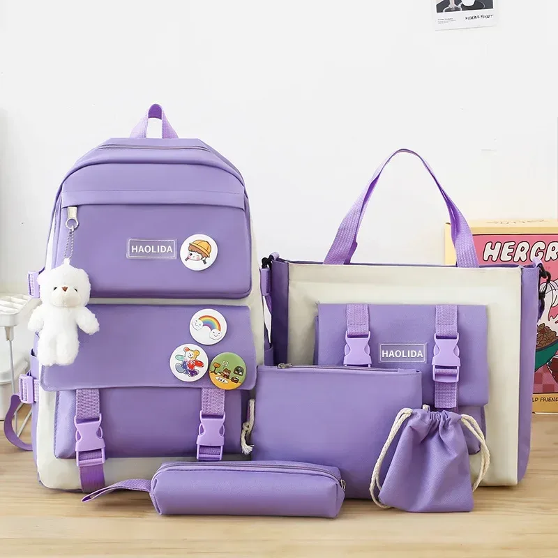 Kit de 5 pièces : Sac à dos tendance pour femme, grande capacité, imperméable, idéal pour l'université, sac d'école pour ordinateur portable, sac de voyage mignon pour fille.