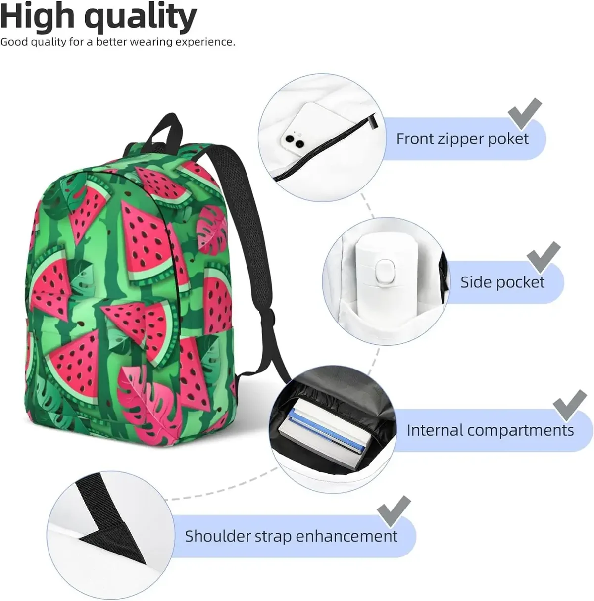sac à dos en toile pour homme et femme, observateur, décontracté, tranches d'eau neutres et feuilles tropicales, pour ordinateur portable, voyage en plein air