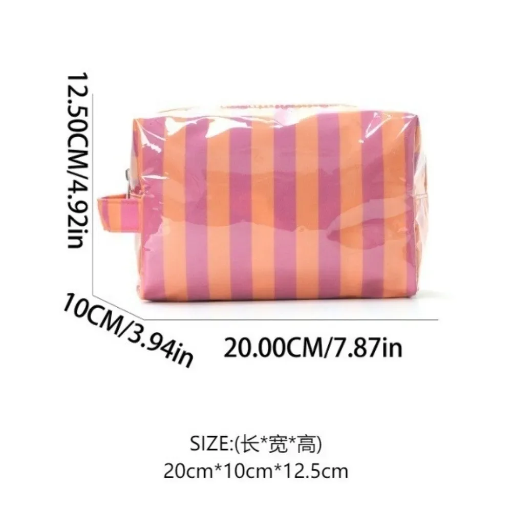 trousse de toilette imperméable rayée grande capacité rose en pvc – organisateur de maquillage portable simple pour voyage – sac de rangement cosmétique pour femme