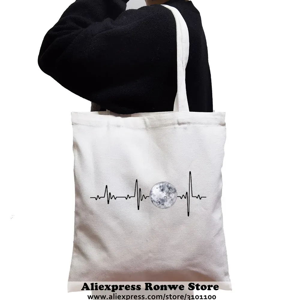 sac fourre-tout en toile de grande capacité pour femmes, sacs à main noirs pour étudiants initiés, sac à soupe réutilisable, espace féminin, lune, nouveau