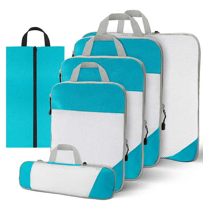 sac de rangement en nylon imperméable à compression de voyage portable, ensemble de pochettes de rangement à motif de grille visuelle pour l'organisation du voyage