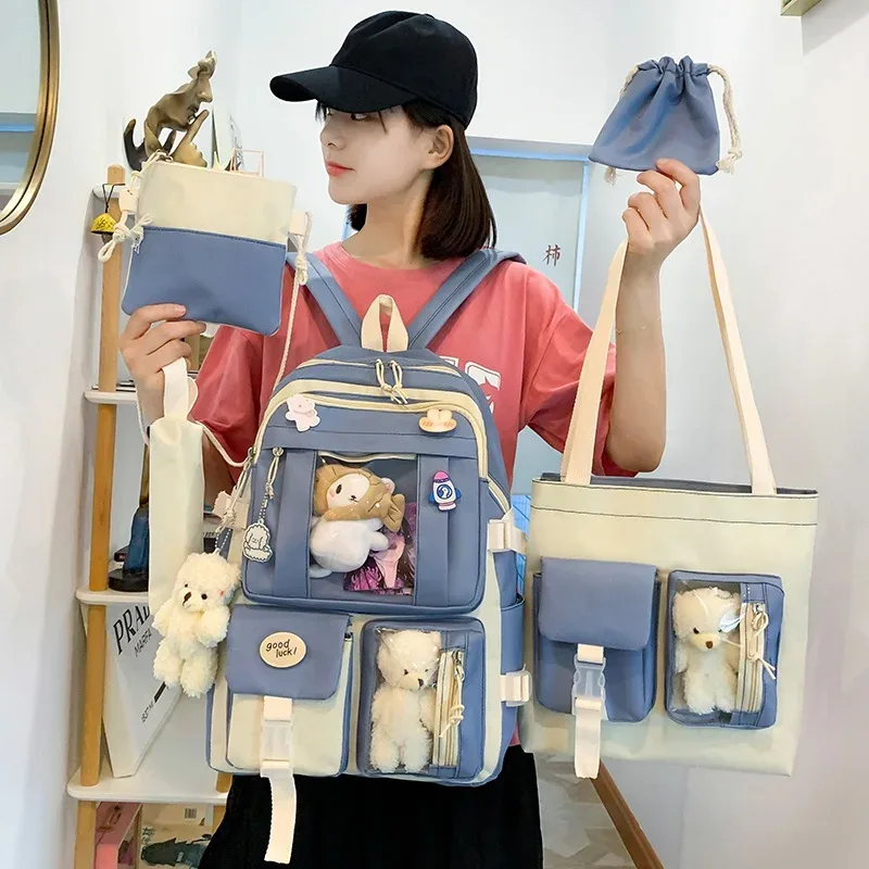 sacs d'école mignons kawaii pour filles, rose, bleu, vert, ensembles de 5 pièces, sac à dos étanche pour femme