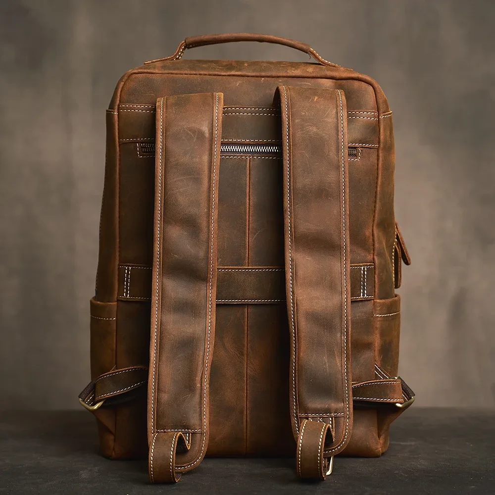 sac à dos décontracté en cuir véritable pour homme, camping, école, voyage, bureau, ordinateur portable, 17"