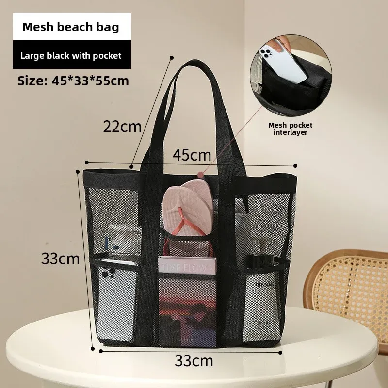 sac de plage en maille grande capacité avec poignées, sac de rangement ajouré pour voyages en bord de mer, serviettes, chaussons et courses
