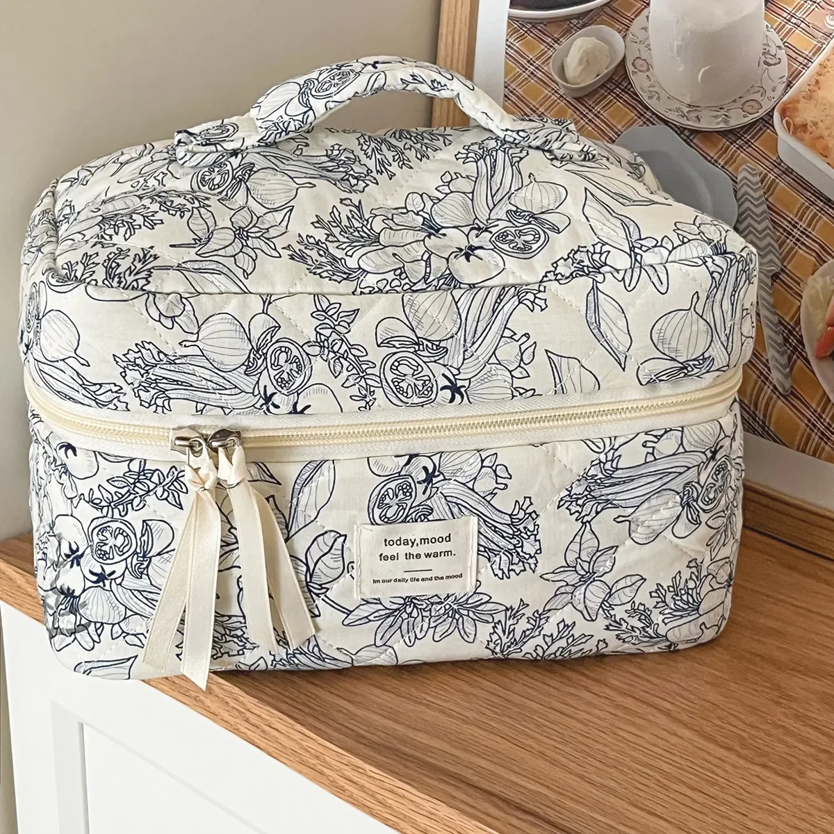 evaluflower-trousse de maquillage en coton matelassé avec fermeture éclair pour femme, sac à main pour femme, trousse de toilette portable, sac à main pour fille, voyage