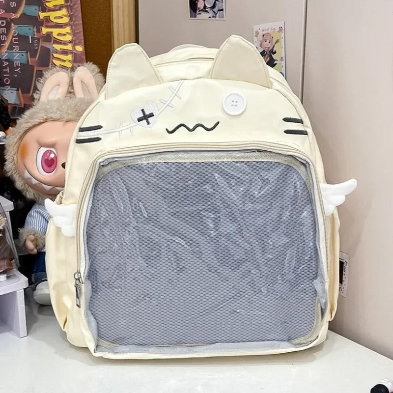 sac à dos chat mignon pour femme, sacs à dos esthétiques féminins, nylon, style japonais, mode décontractée, sac ita transparent, grande capacité