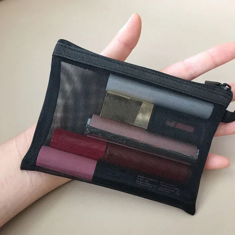 sacs de maquillage de lavage de toilette, trousse de maquillage en maille transparente noire, pochette de rangement, sac à cosmétiques de voyage pour femmes, fermeture éclair décontractée