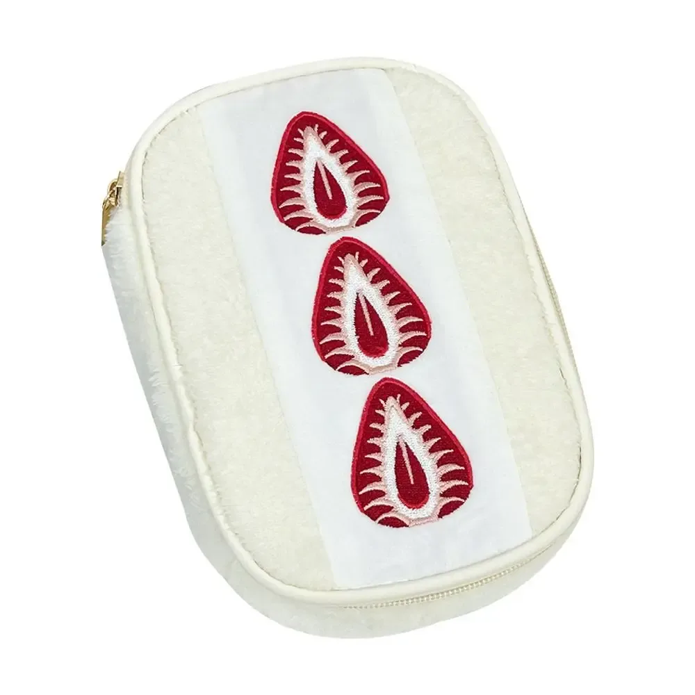 sac à stylos flou durable, sandwich aux fraises, trousse à crayons brodée mignonne, trousse de maquillage multifonctionnelle pour étudiants