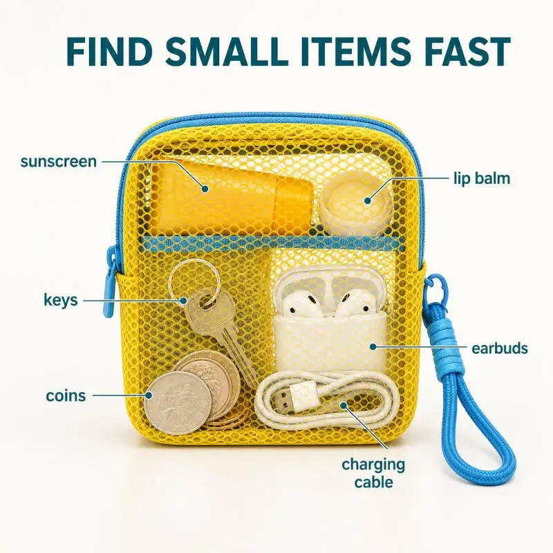 petite pochette de plage en maille transparente, sac à cosmétiques avec sangle de poignet amovible, organisateur de voyage pour crème solaire, clés, câbles