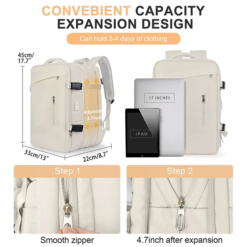 sac à dos de voyage pour ordinateur portable, sac à dos de transport extensible extra large de 25 à 40 l pour femmes et hommes, sacs à dos pour ordinateur portable résistants à l'eau