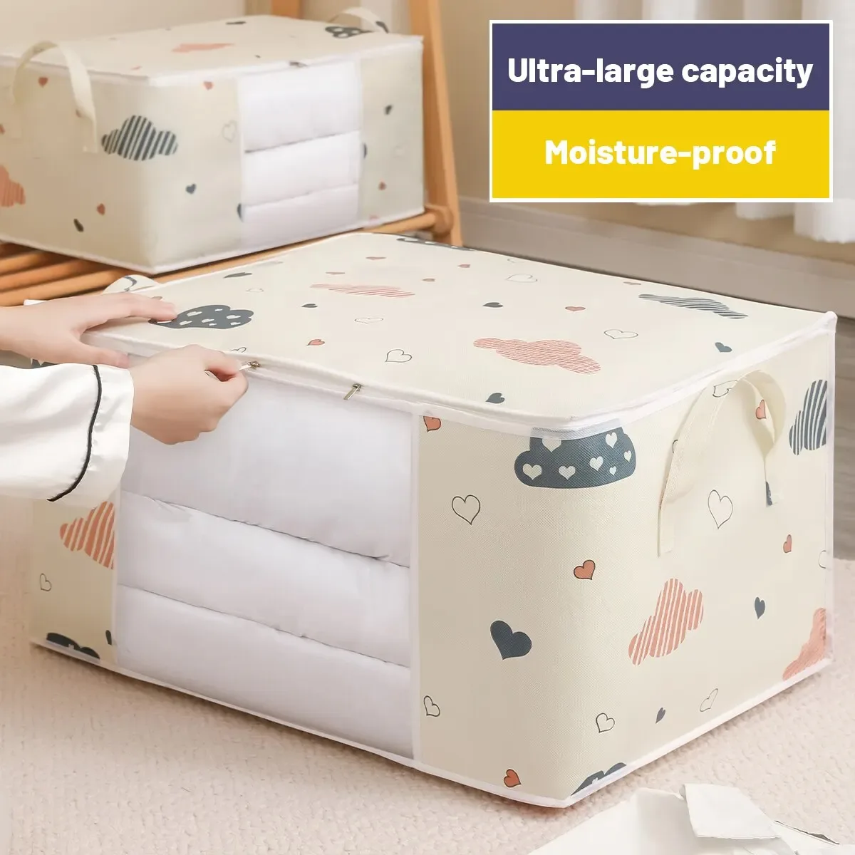 sac de rangement pour vêtements de grande capacité, organisateur avec poignée renforcée, adapté aux couvertures et à la literie, pliable avec fermeture éclair robuste