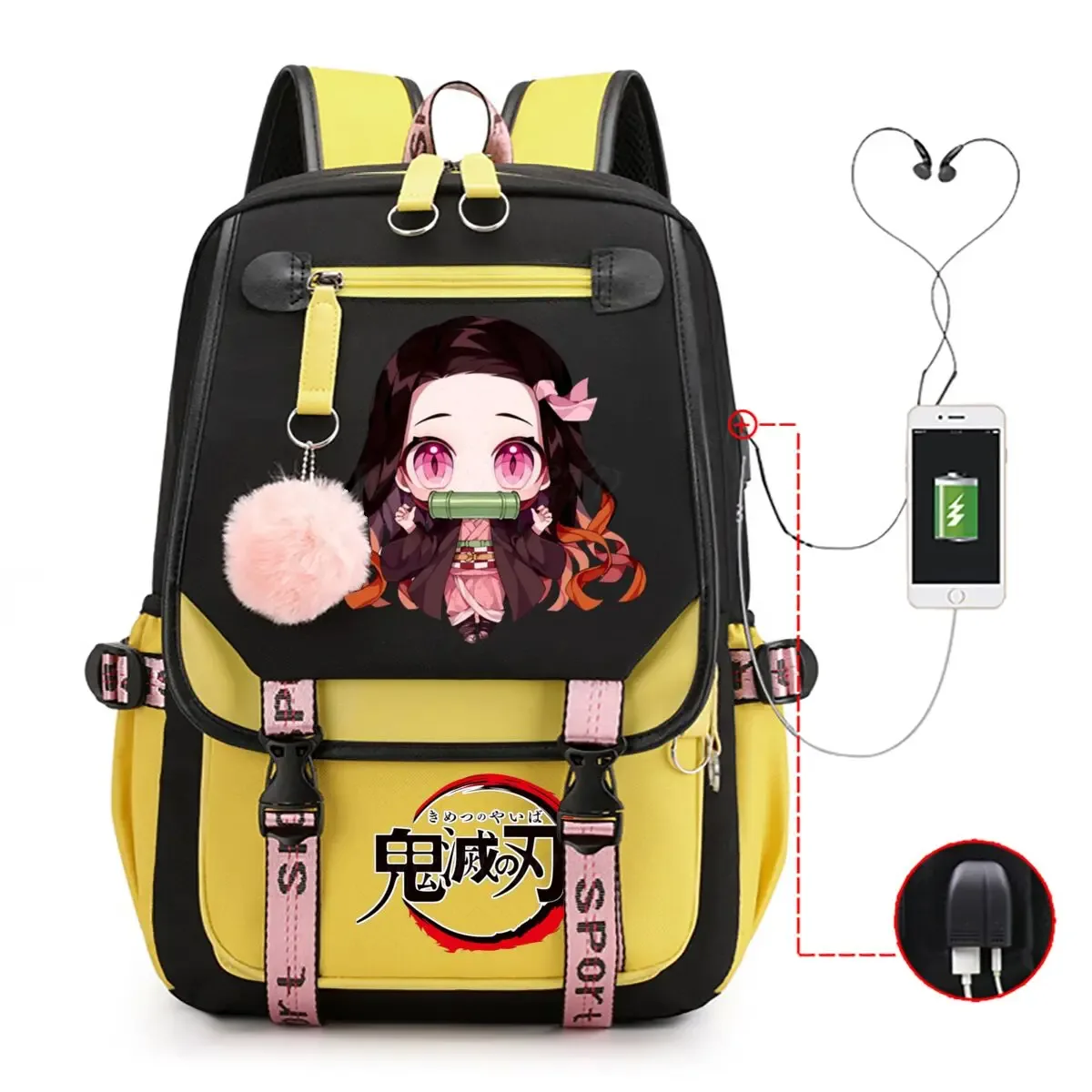 anime kamado nezuko imprimer sacs à dos femmes filles usb sacs de charge grande capacité enfants adolescent cartables voyage sacs à dos