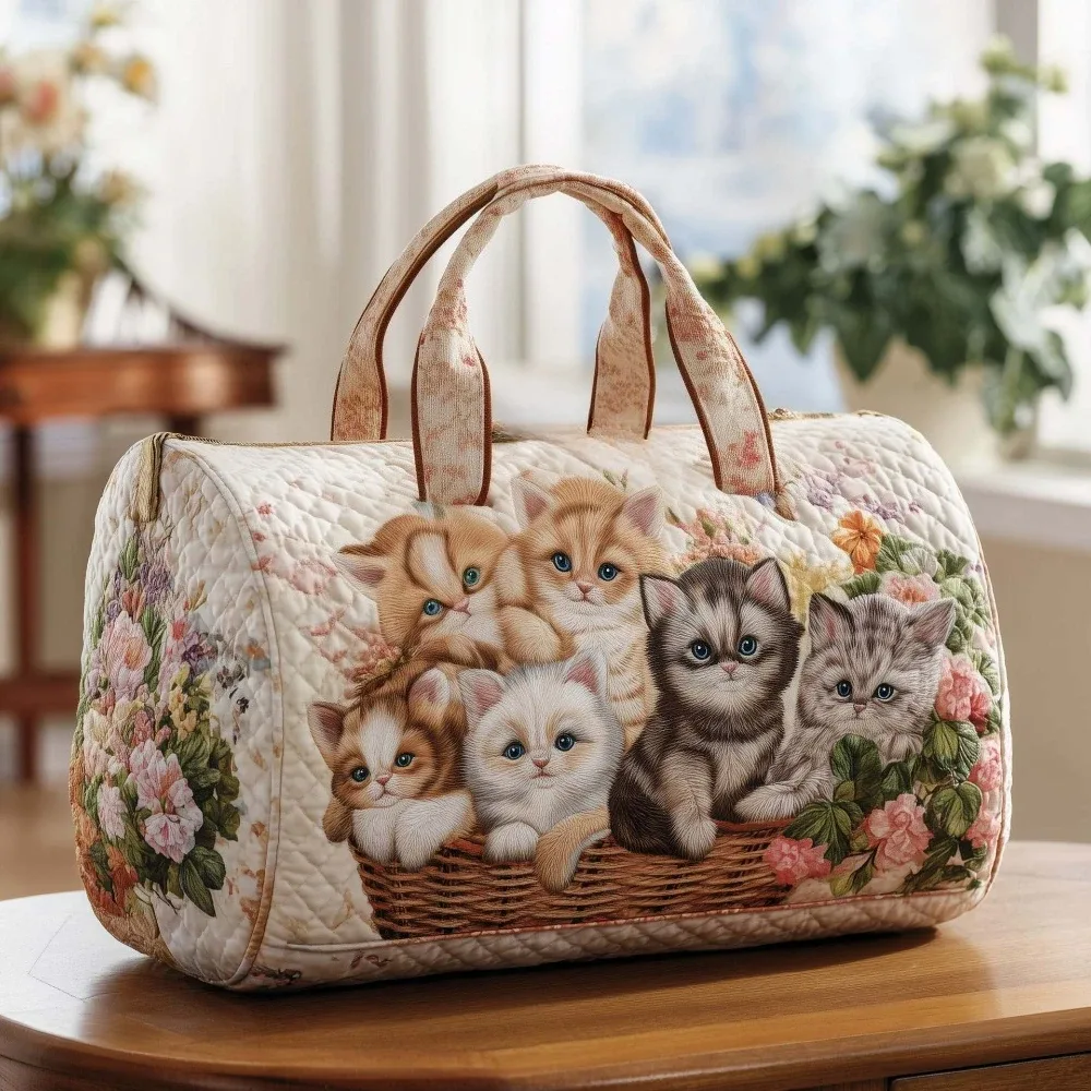 Sac fourre-tout matelassé 3D mignon avec motif chat, citrouille d'Halloween, feuilles d'automne et fleurs, sac à main de voyage unique, cadeau pour les amoureux des chats, sac à bandoulière