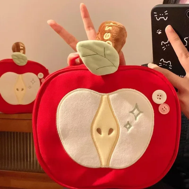 sac à cosmétiques en peluche rouge pomme, pochette de maquillage portable, organiseur de toilette grande capacité, sac de rangement pour soins de la peau, sac à main de voyage pour femmes