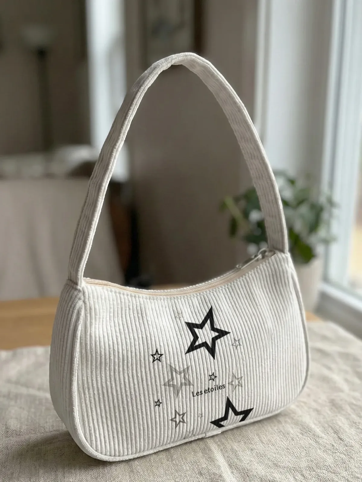 sac à bandoulière tendance à imprimé étoiles, sac sous le bras en velours côtelé beige pour un usage quotidien décontracté