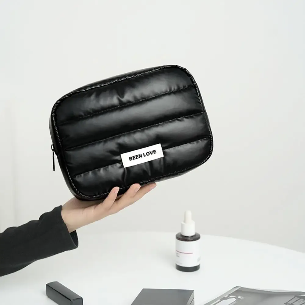 trousse de maquillage bouffante portable, grande capacité, couleur unie, trousse de toilette matelassée de voyage, fermeture éclair, sac de rangement moelleux pour soins de la peau
