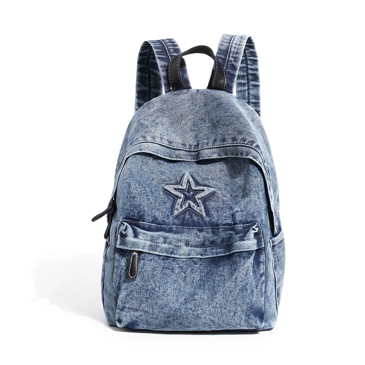 sac à dos en jean délavé vintage avec broderie étoile, style y2k vieilli, mignon, pour adolescents et étudiants, idéal pour l'école, le quotidien et les activités de plein air