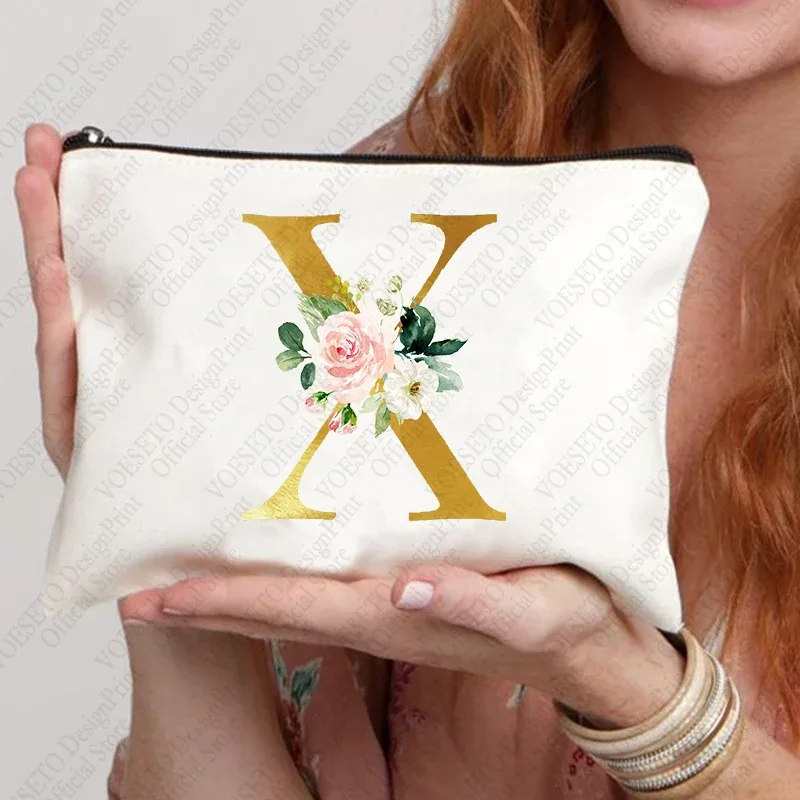 sac à fermeture éclair à motif initial pour femme, trousse de maquillage cosmétique, poudres de toile de bain de mariage, sacs de rouge à lèvres de voyage, cadeau de fête d'enterrement de vie de jeune fille