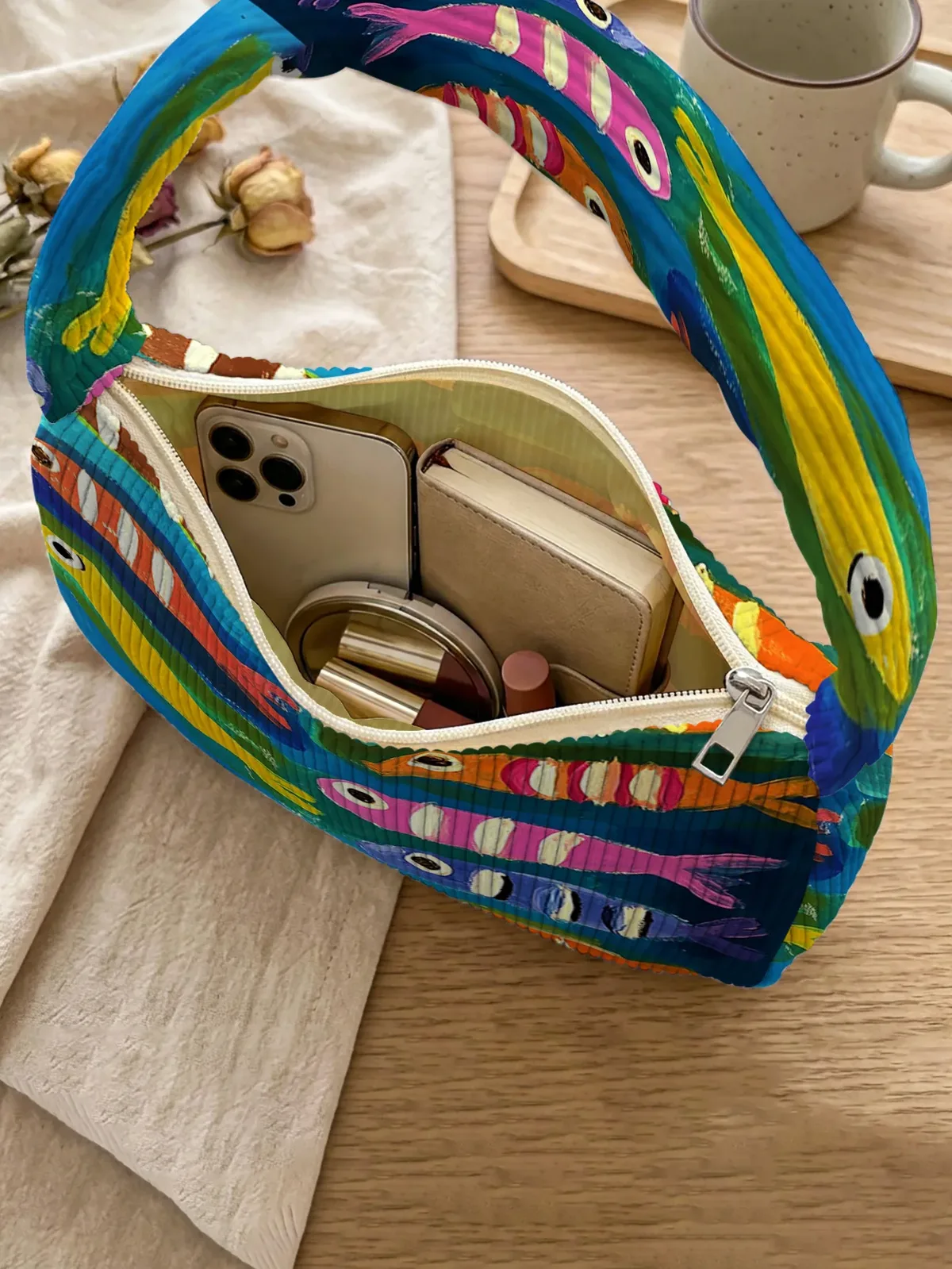 sac à bandoulière tendance à imprimé poisson coloré, sac sous le bras en velours côtelé pour un usage quotidien décontracté